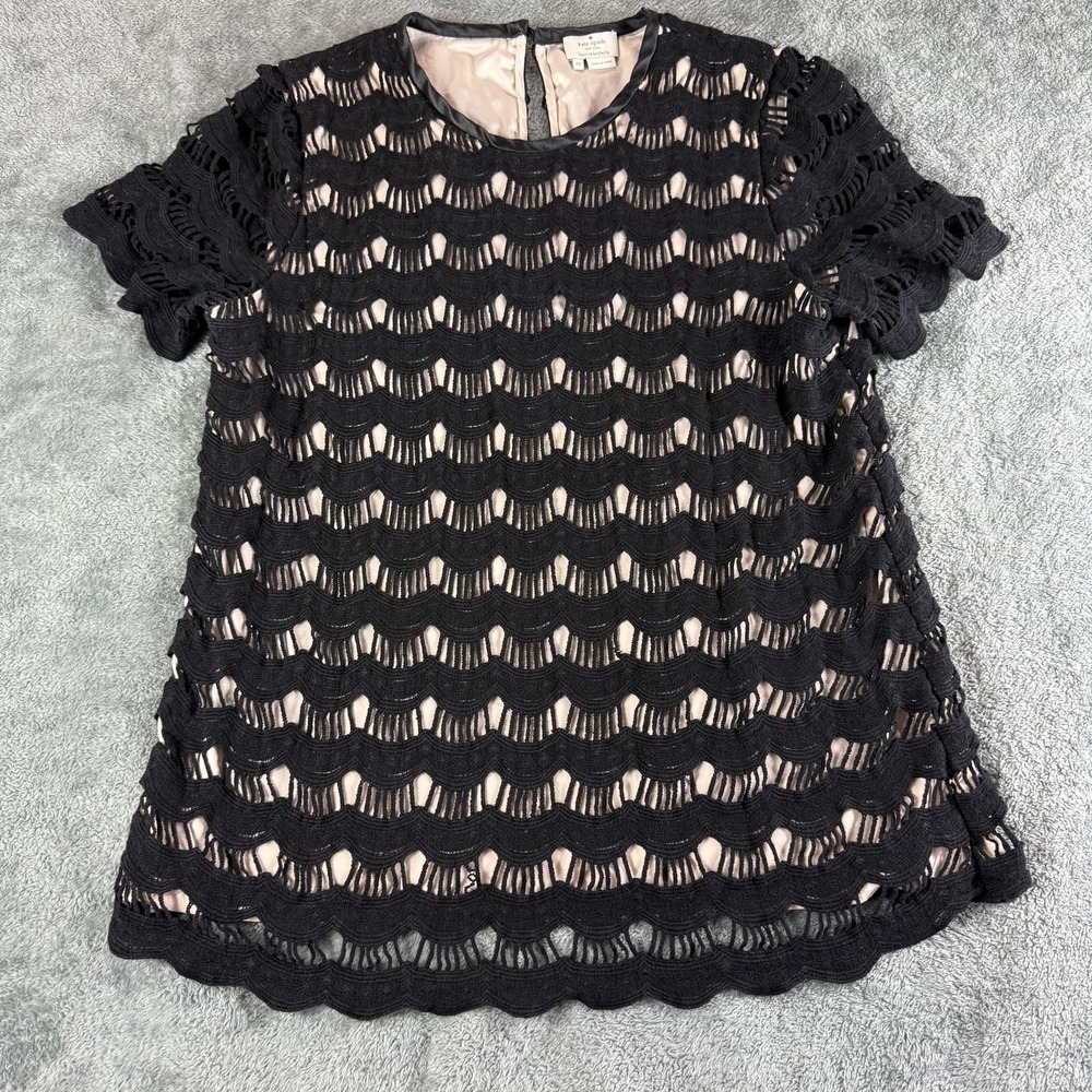 Kate Spade Shirt Womens 10 Black Scalloped Lace Overlay Short Sleeve Top Elegant